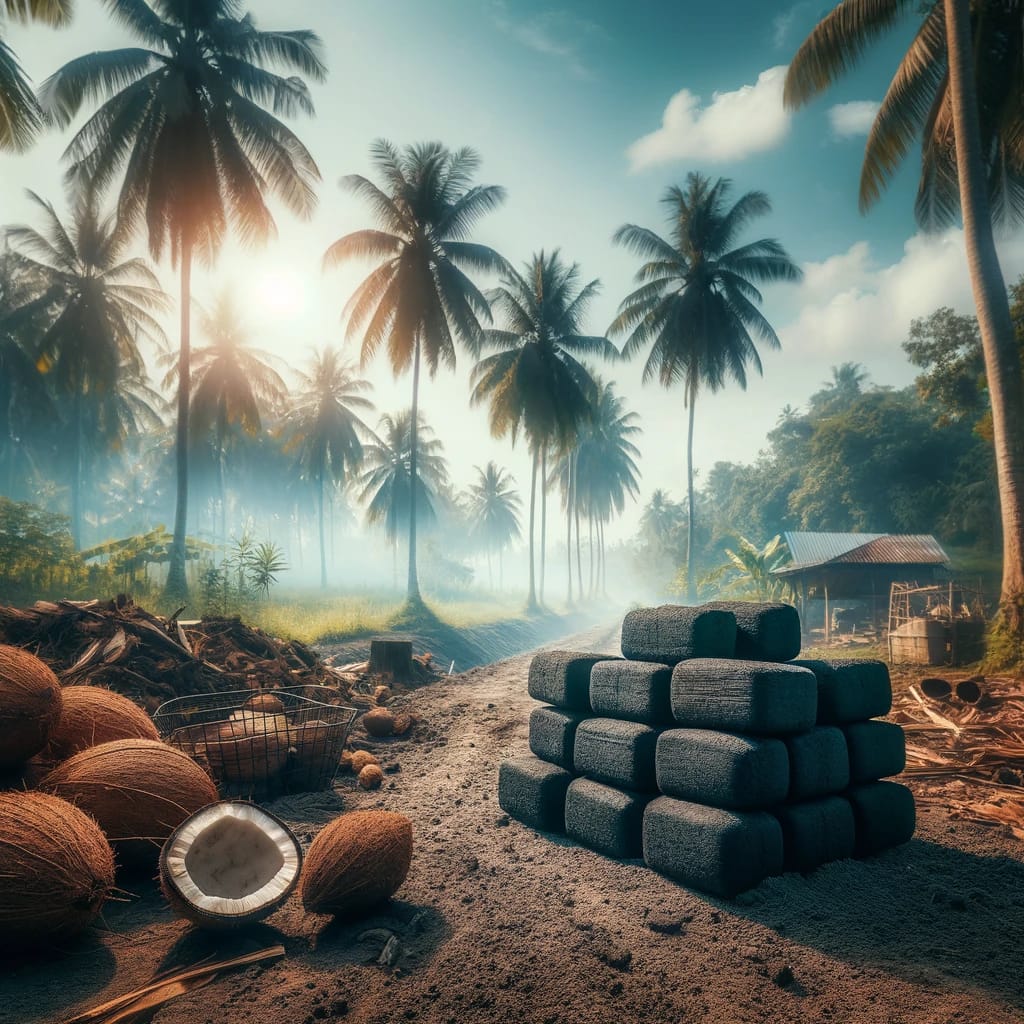 Lush coconut grove in Indonesia under a clear sky with coconut shells and stacked charcoal briquettes.