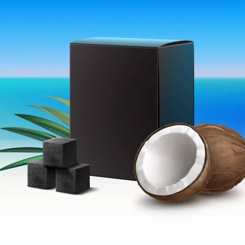 Vector black blank carton box of charcoal cubes for hookah pipe with coconut shell smell isolated on blur background